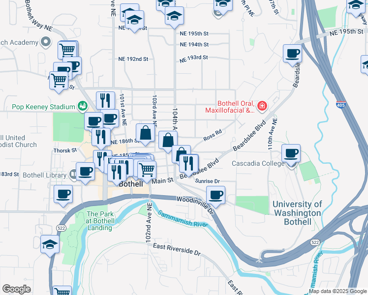 map of restaurants, bars, coffee shops, grocery stores, and more near 10416 Northeast 185th Street in Bothell