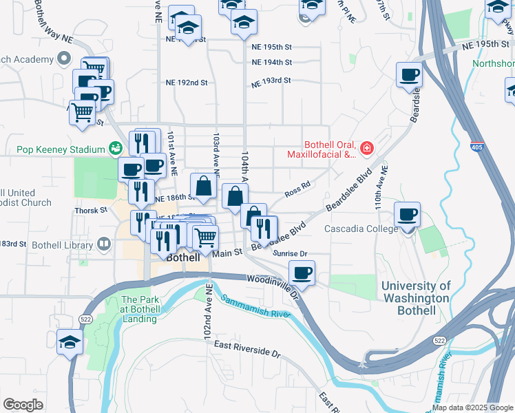 map of restaurants, bars, coffee shops, grocery stores, and more near 10416 Northeast 185th Street in Bothell