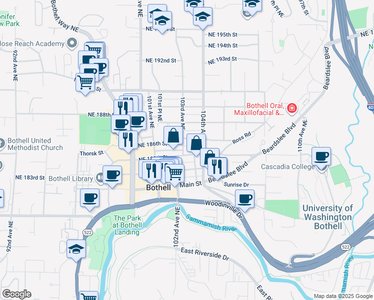 map of restaurants, bars, coffee shops, grocery stores, and more near 18609 103rd Avenue Northeast in Bothell
