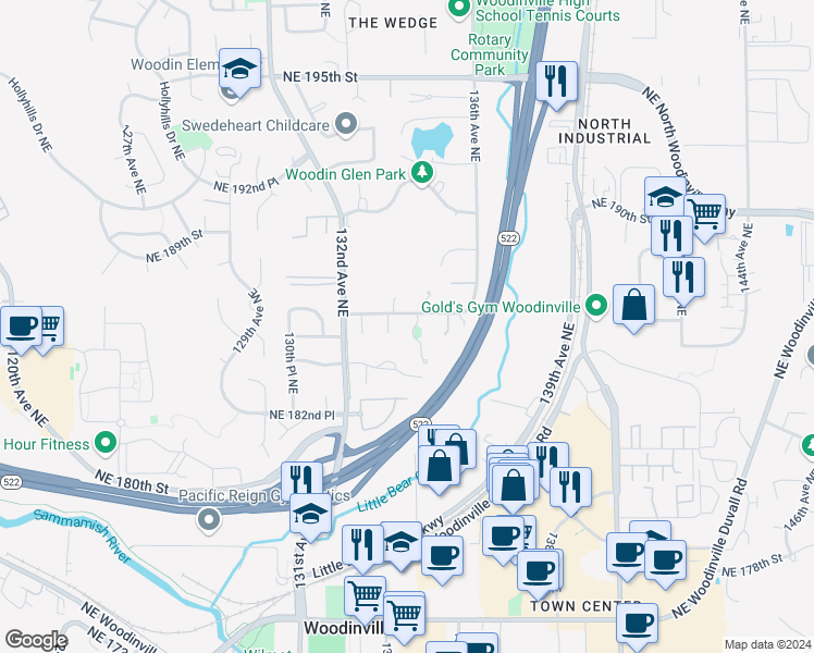 map of restaurants, bars, coffee shops, grocery stores, and more near 13308 Northeast 186th Street in Woodinville