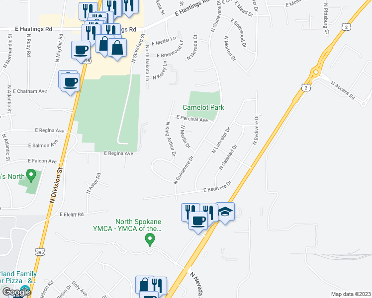 map of restaurants, bars, coffee shops, grocery stores, and more near 11503 North Merlin Drive in Spokane