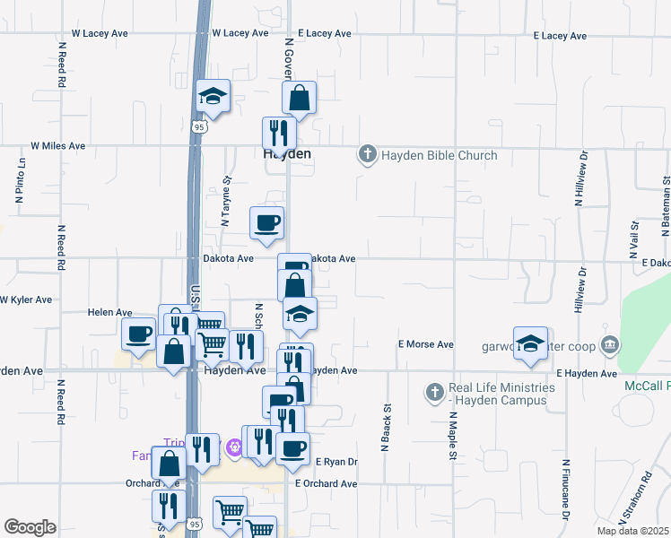 map of restaurants, bars, coffee shops, grocery stores, and more near 177 East Dakota Avenue in Hayden