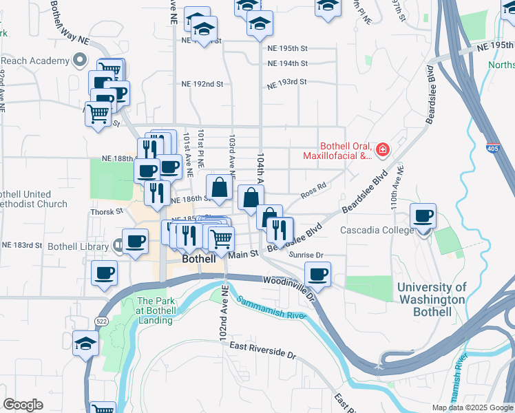 map of restaurants, bars, coffee shops, grocery stores, and more near 10324 Northeast 186th Street in Bothell
