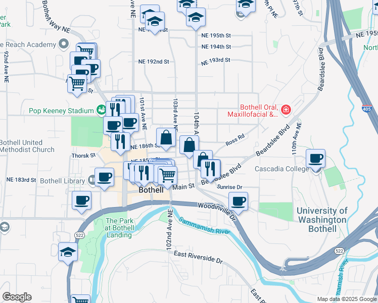 map of restaurants, bars, coffee shops, grocery stores, and more near 10324 Northeast 186th Street in Bothell