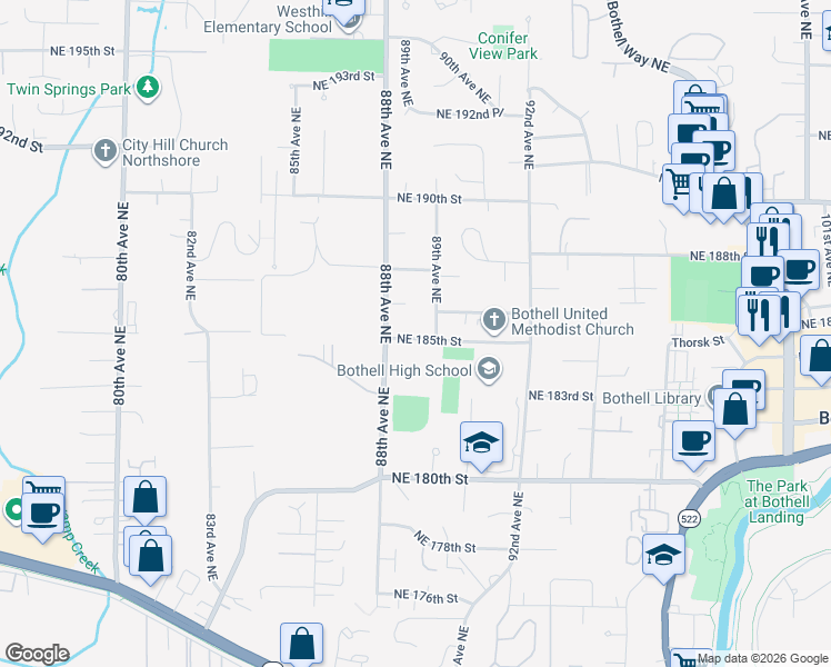 map of restaurants, bars, coffee shops, grocery stores, and more near 18601 89th Avenue Northeast in Bothell