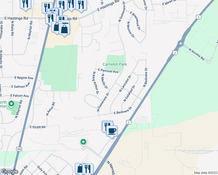 map of restaurants, bars, coffee shops, grocery stores, and more near 11502 North Merlin Drive in Spokane