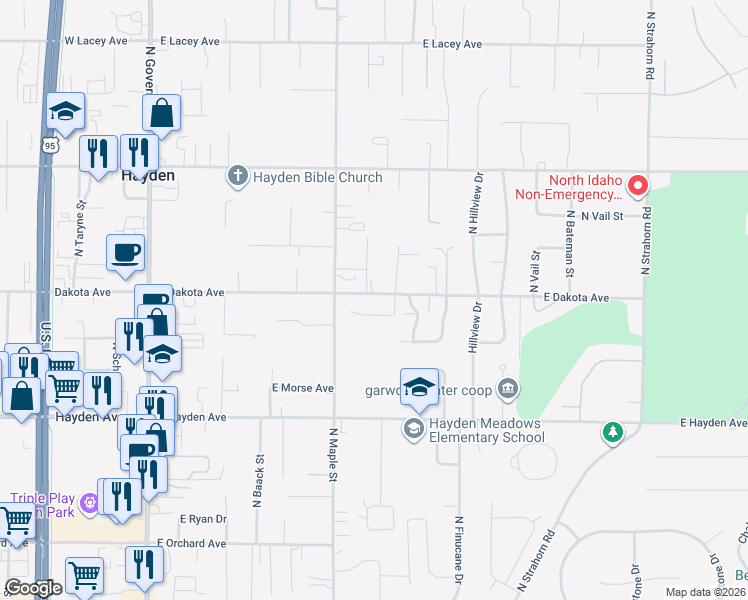 map of restaurants, bars, coffee shops, grocery stores, and more near 767 East Dakota Avenue in Hayden