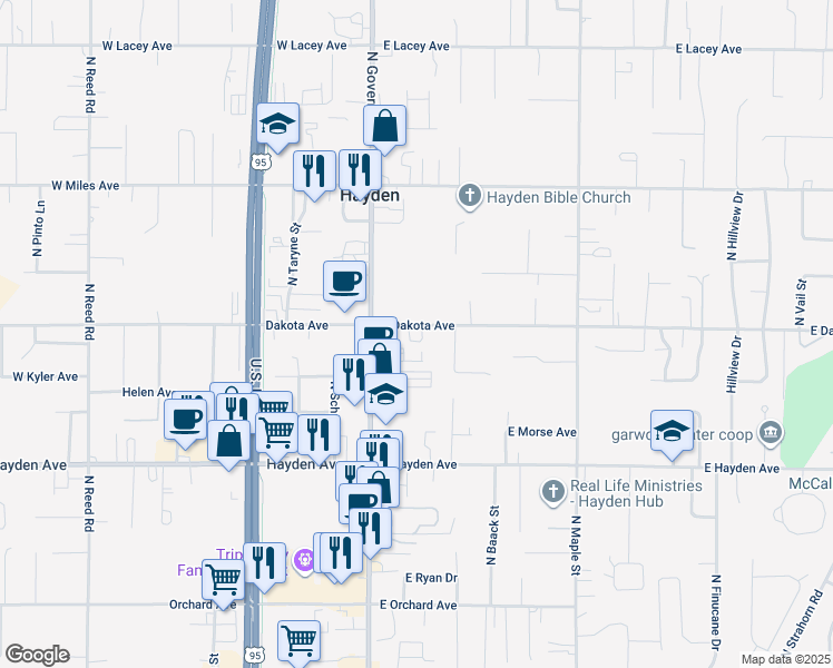 map of restaurants, bars, coffee shops, grocery stores, and more near 10014 North Government Way in Hayden