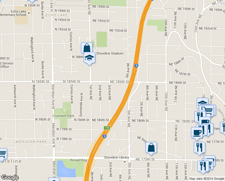 map of restaurants, bars, coffee shops, grocery stores, and more near 18340 3rd Avenue Northeast in Shoreline