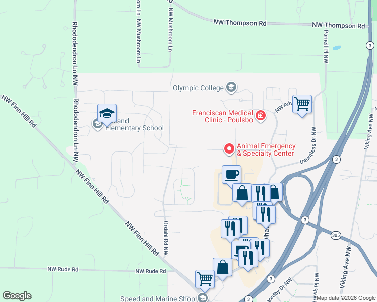 map of restaurants, bars, coffee shops, grocery stores, and more near 21988 Urdahl Rd NW in Poulsbo