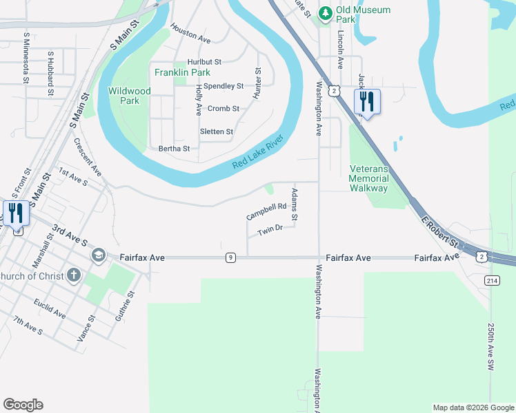map of restaurants, bars, coffee shops, grocery stores, and more near 332 Crescent Avenue in Crookston