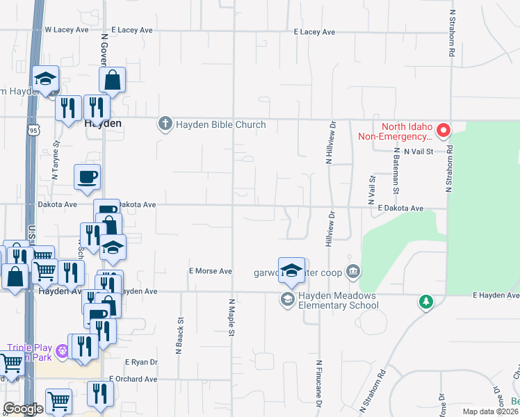 map of restaurants, bars, coffee shops, grocery stores, and more near 767 East Dakota Avenue in Hayden