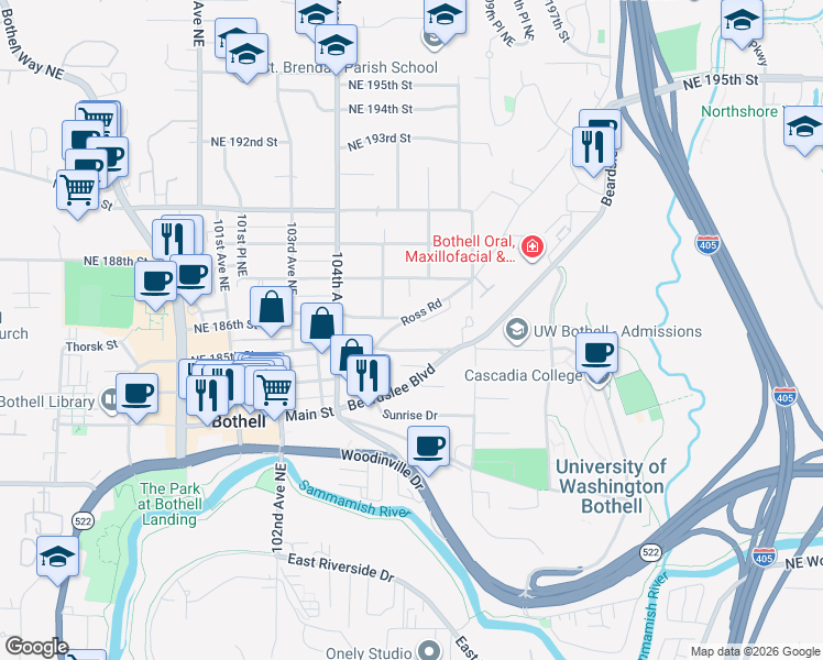 map of restaurants, bars, coffee shops, grocery stores, and more near 10511 Northeast 187th Street in Bothell