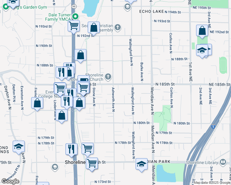 map of restaurants, bars, coffee shops, grocery stores, and more near 18354 Ashworth Avenue North in Shoreline