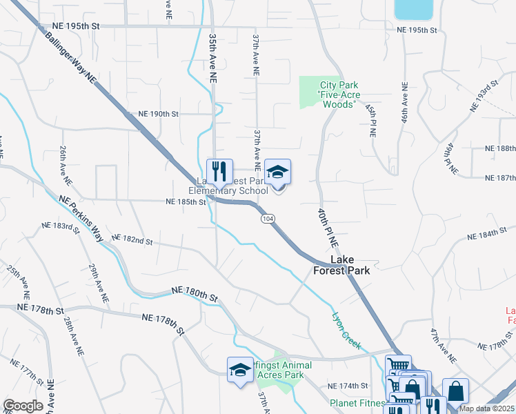 map of restaurants, bars, coffee shops, grocery stores, and more near 18500 37th Avenue Northeast in Lake Forest Park