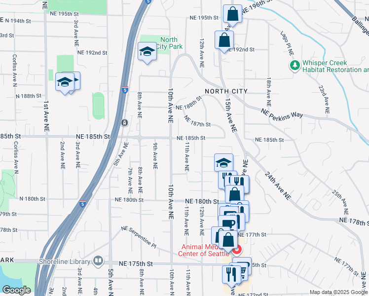 map of restaurants, bars, coffee shops, grocery stores, and more near 1025 Northeast 185th Street in Shoreline