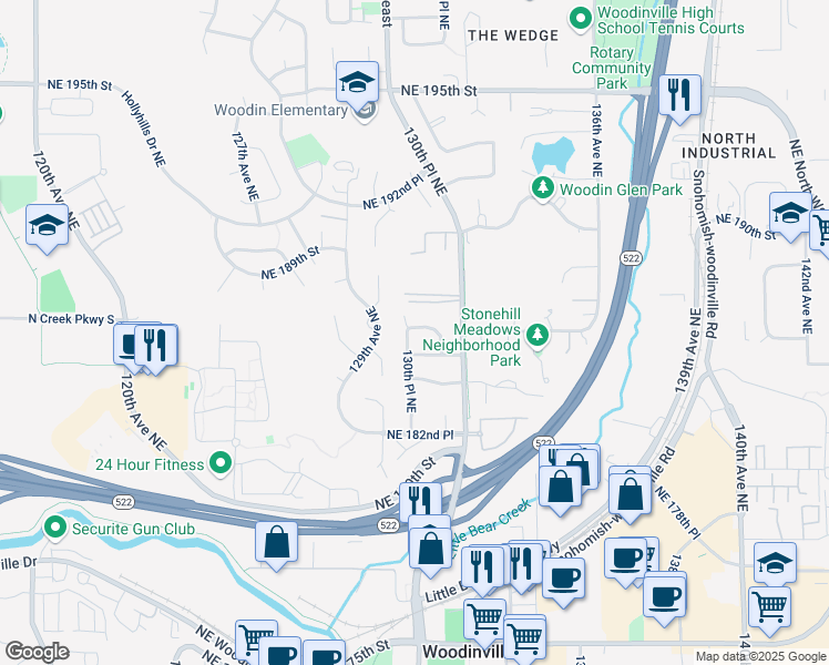map of restaurants, bars, coffee shops, grocery stores, and more near 18615 130th Place Northeast in Woodinville