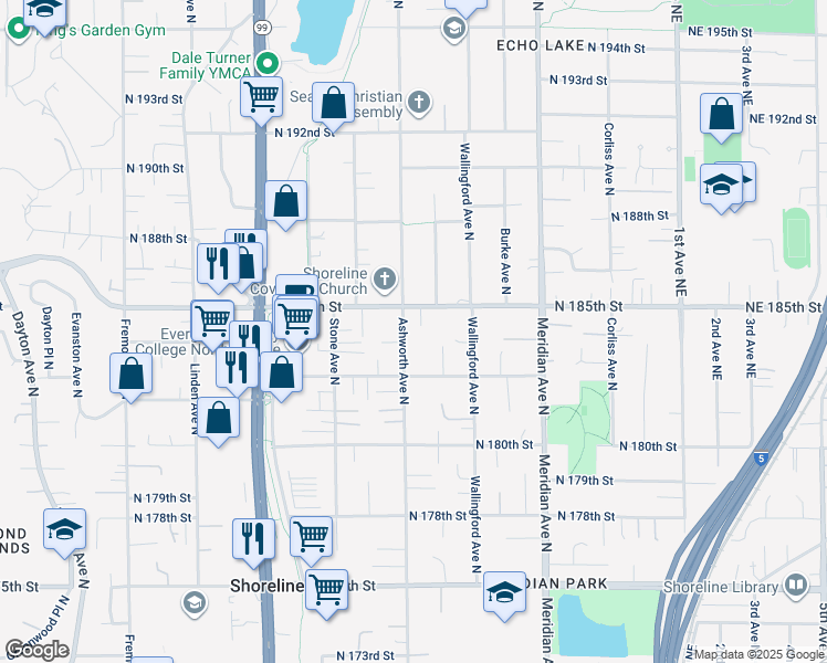 map of restaurants, bars, coffee shops, grocery stores, and more near 18354 Ashworth Avenue North in Shoreline
