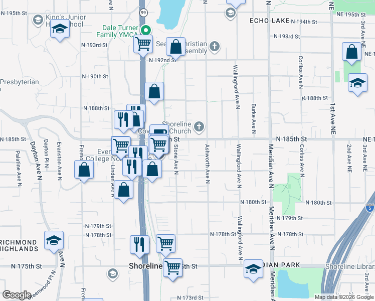 map of restaurants, bars, coffee shops, grocery stores, and more near 1335 Northeast 185th Street in Seattle