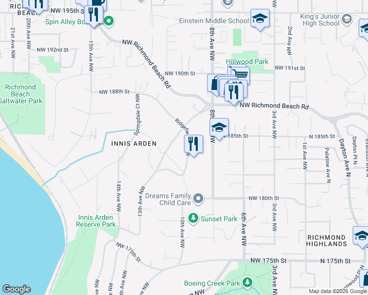 map of restaurants, bars, coffee shops, grocery stores, and more near 18372 Ridgefield Road Northwest in Shoreline