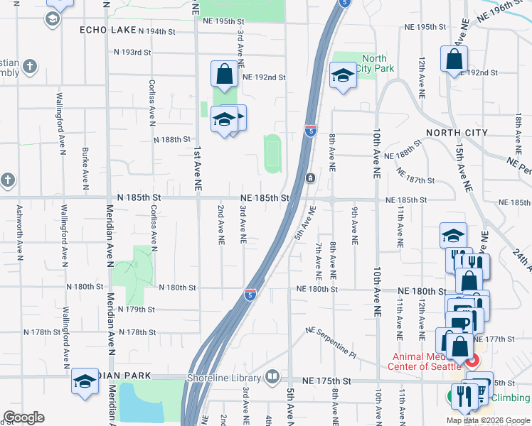 map of restaurants, bars, coffee shops, grocery stores, and more near 329 Northeast 185th Street in Shoreline