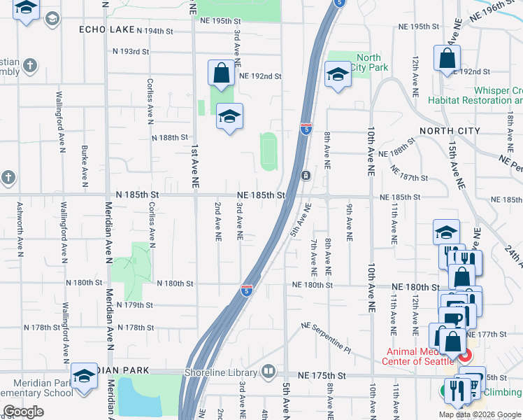 map of restaurants, bars, coffee shops, grocery stores, and more near 329 Northeast 185th Street in Shoreline