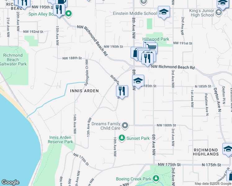 map of restaurants, bars, coffee shops, grocery stores, and more near 18372 Ridgefield Road Northwest in Shoreline