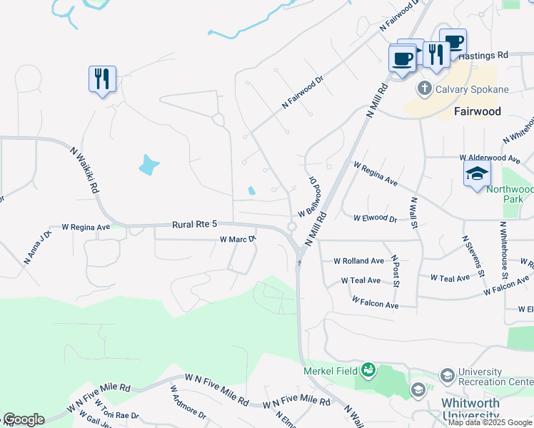 map of restaurants, bars, coffee shops, grocery stores, and more near 1320 West Bellwood Drive in Spokane