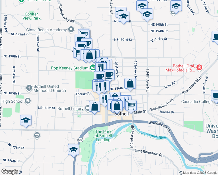 map of restaurants, bars, coffee shops, grocery stores, and more near in Bothell
