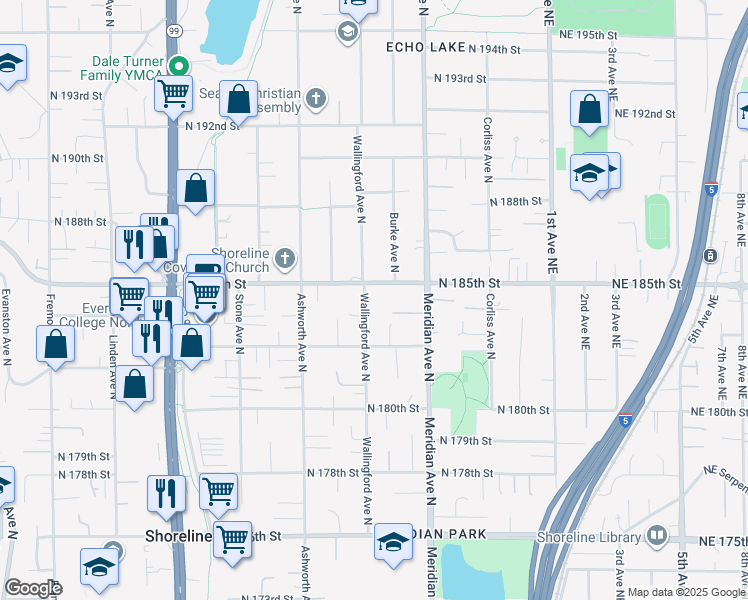 map of restaurants, bars, coffee shops, grocery stores, and more near 1815 North 185th Street in Shoreline