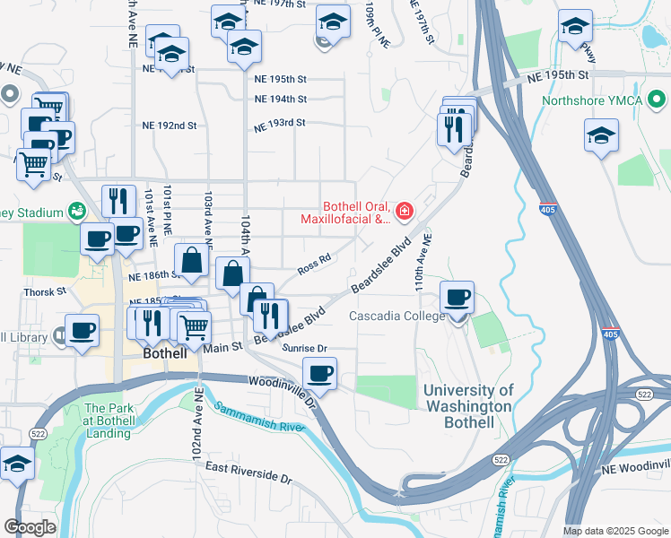 map of restaurants, bars, coffee shops, grocery stores, and more near 10715 Ross Road in Bothell