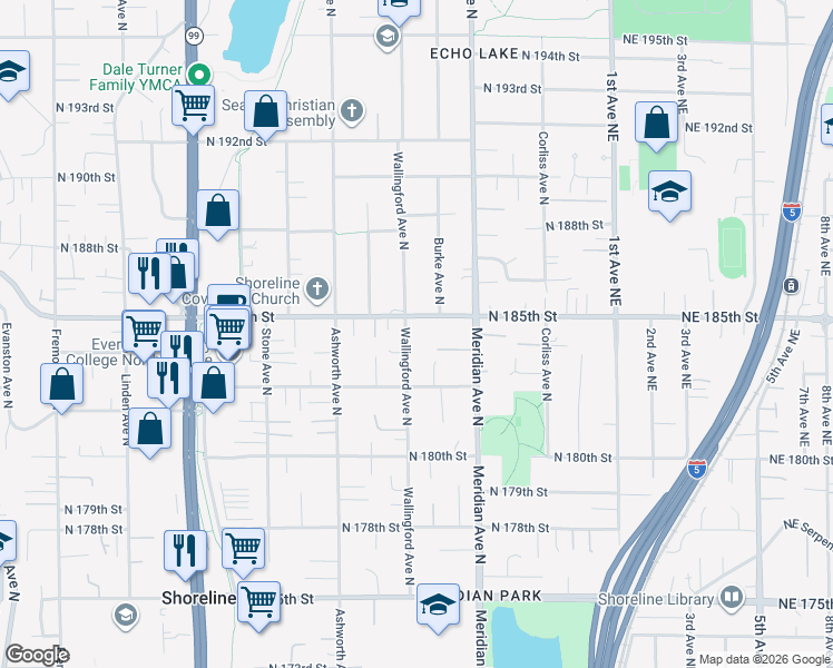 map of restaurants, bars, coffee shops, grocery stores, and more near 1815 North 185th Street in Shoreline