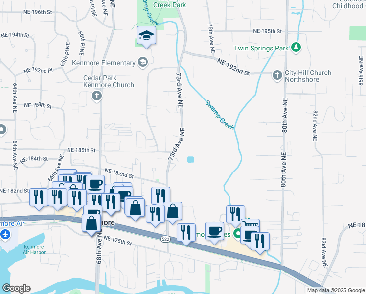 map of restaurants, bars, coffee shops, grocery stores, and more near 18510 73rd Avenue Northeast in Kenmore