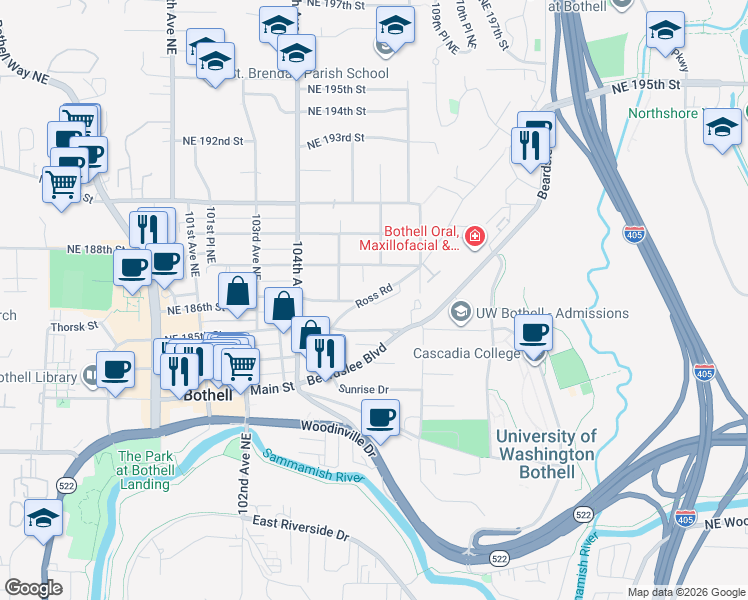 map of restaurants, bars, coffee shops, grocery stores, and more near 10511 Northeast 187th Street in Bothell