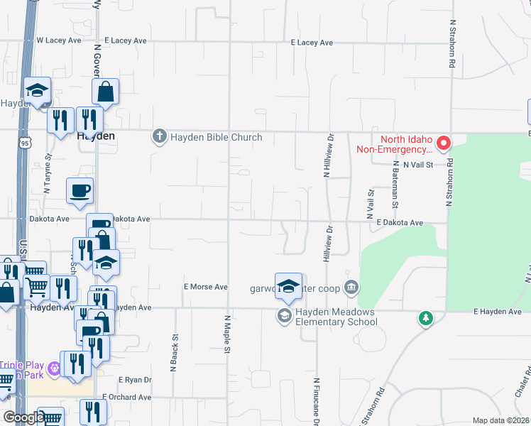 map of restaurants, bars, coffee shops, grocery stores, and more near 767 East Dakota Avenue in Hayden