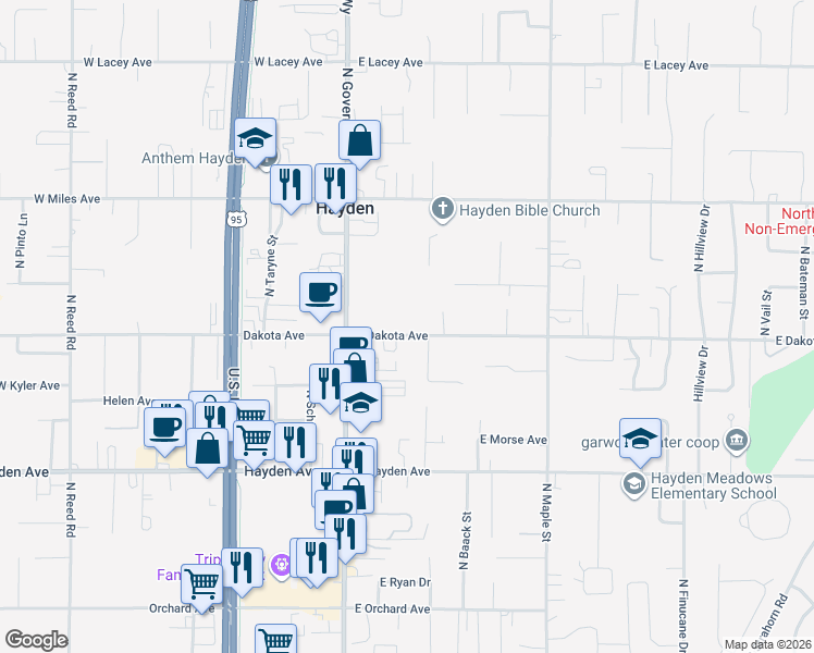 map of restaurants, bars, coffee shops, grocery stores, and more near 177 East Dakota Avenue in Hayden