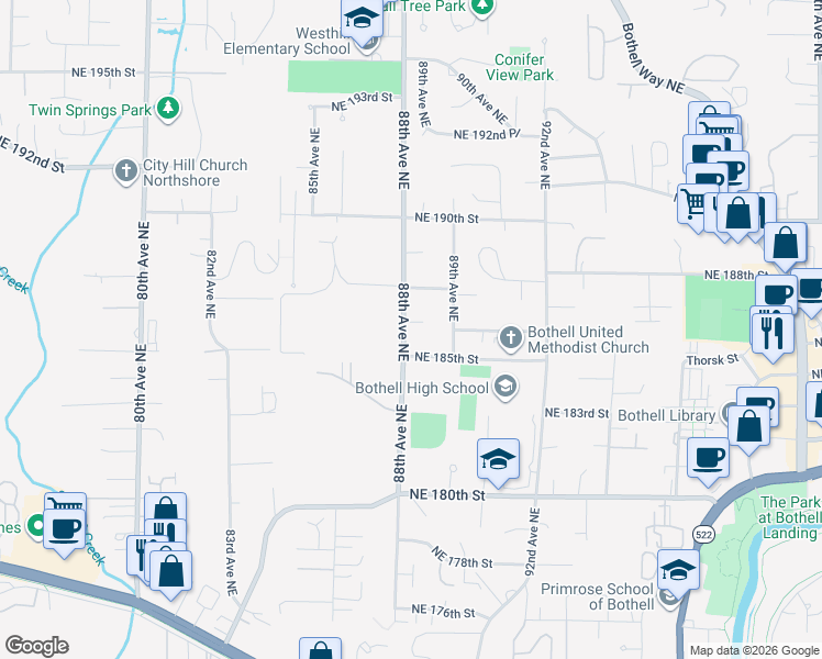 map of restaurants, bars, coffee shops, grocery stores, and more near 8805 Northeast 186th Place in Bothell