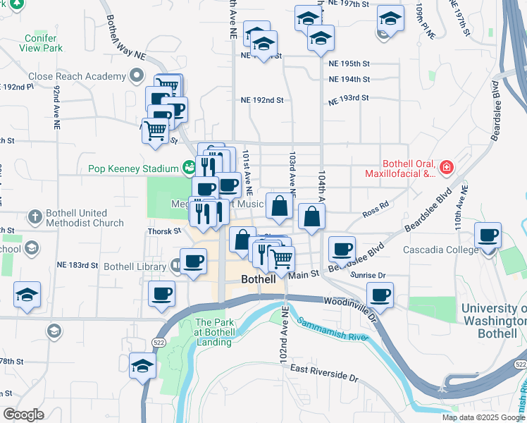 map of restaurants, bars, coffee shops, grocery stores, and more near 10116 Northeast 186th Street in Bothell