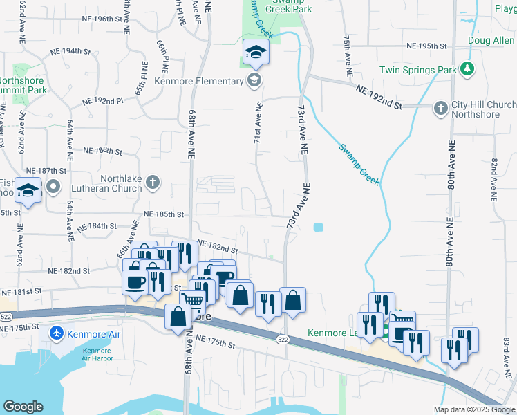 map of restaurants, bars, coffee shops, grocery stores, and more near 18500 70th Lane Northeast in Kenmore