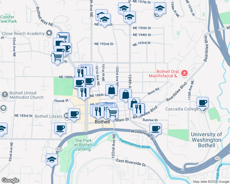 map of restaurants, bars, coffee shops, grocery stores, and more near 18609 103rd Avenue Northeast in Bothell