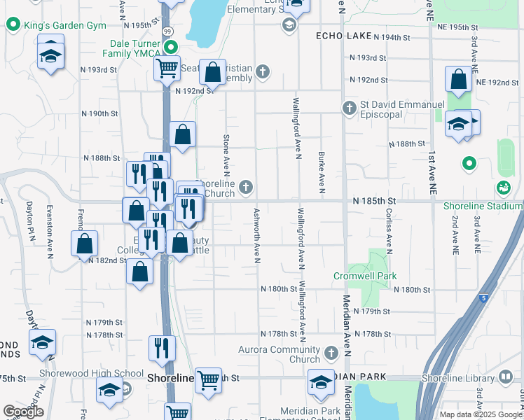 map of restaurants, bars, coffee shops, grocery stores, and more near 18354 Ashworth Avenue North in Shoreline