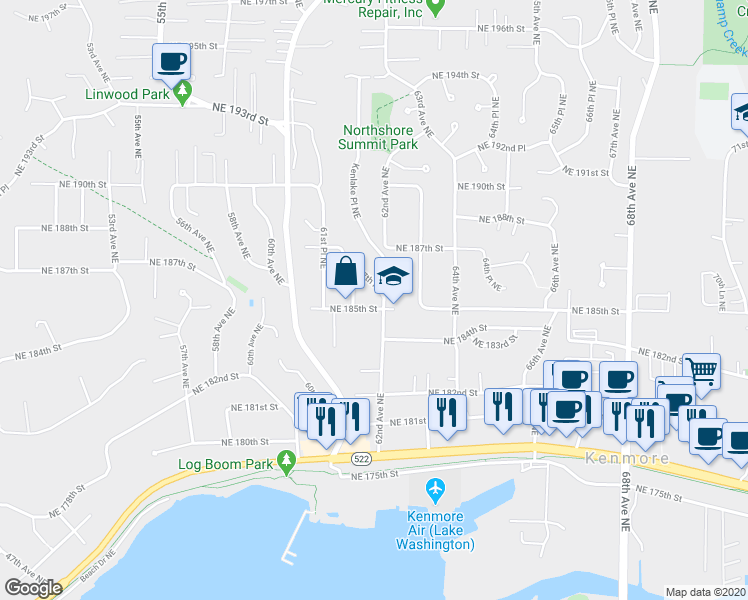 map of restaurants, bars, coffee shops, grocery stores, and more near 6180 Northeast 185th Street in Kenmore