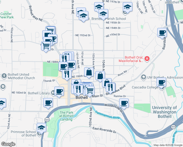 map of restaurants, bars, coffee shops, grocery stores, and more near 18609 103rd Avenue Northeast in Bothell