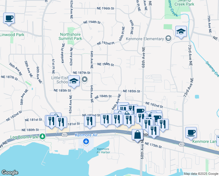 map of restaurants, bars, coffee shops, grocery stores, and more near 18511 64th Place Northeast in Kenmore