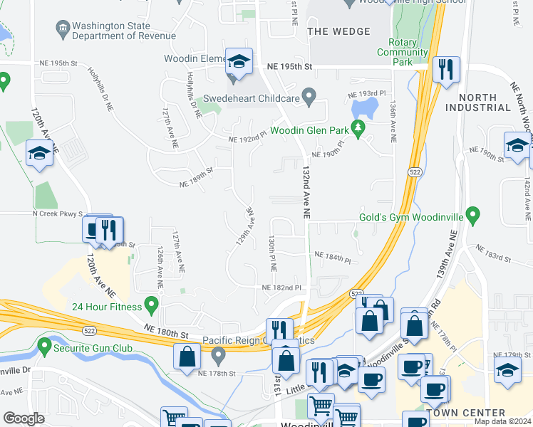 map of restaurants, bars, coffee shops, grocery stores, and more near 18615 130th Place Northeast in Woodinville