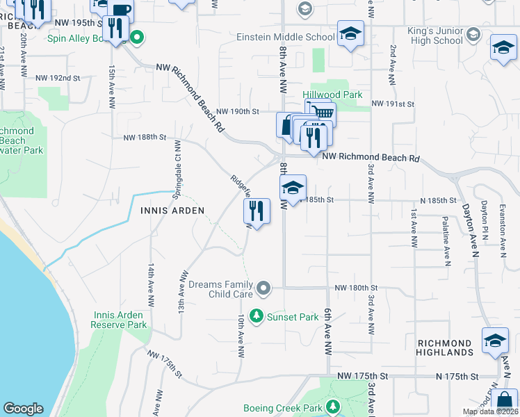 map of restaurants, bars, coffee shops, grocery stores, and more near 18372 Ridgefield Road Northwest in Shoreline