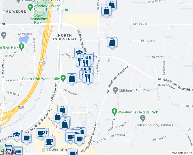 map of restaurants, bars, coffee shops, grocery stores, and more near 14333 Northeast 187th Place in Woodinville