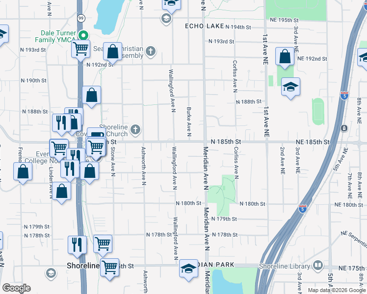 map of restaurants, bars, coffee shops, grocery stores, and more near 1815 North 185th Street in Shoreline