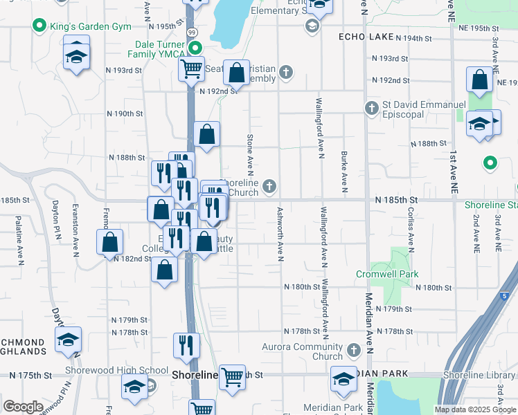 map of restaurants, bars, coffee shops, grocery stores, and more near 1327 North 185th Street in Shoreline