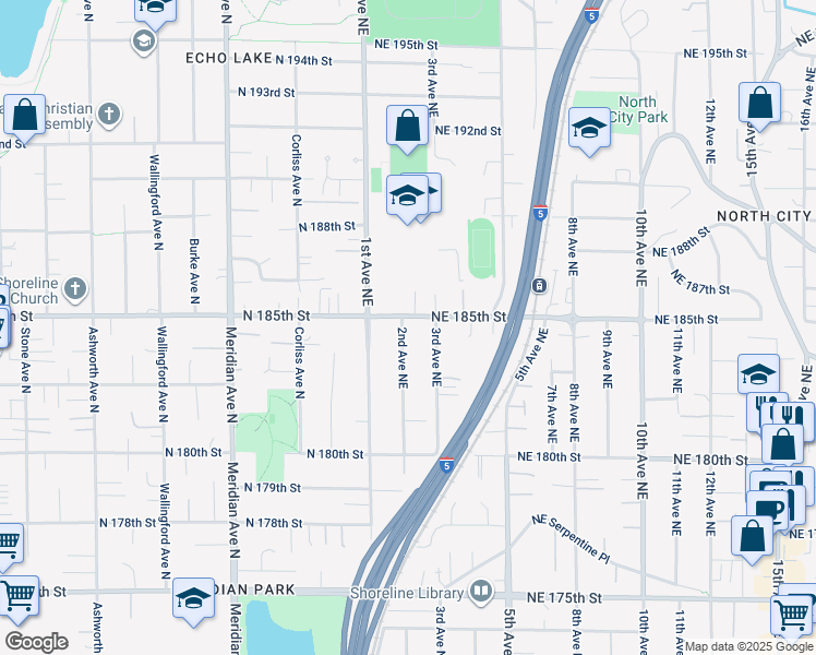 map of restaurants, bars, coffee shops, grocery stores, and more near 213 Northeast 185th Street in Shoreline